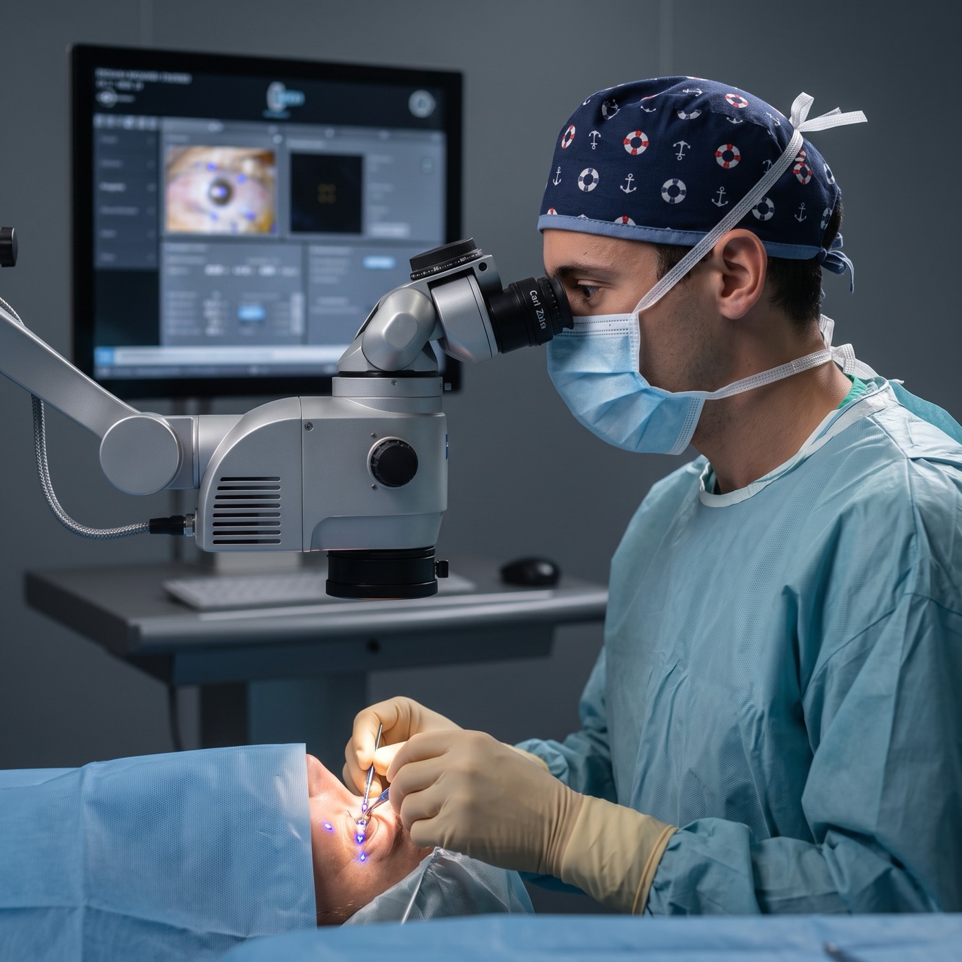 Dr. André Magalhães Oliveira durante uma cirurgia oftalmológica, ao microscópio cirúrgico